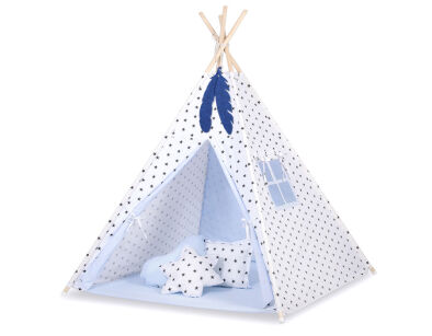 Teepee Kinderspiel-Zelt für Kinder + Spielmatte+ Schmuckfedern -  Schwarze Sternchen/blau