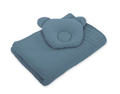 Decke mit Kissen Teddybär MUSSELIN- set 2tlg - pastellblau