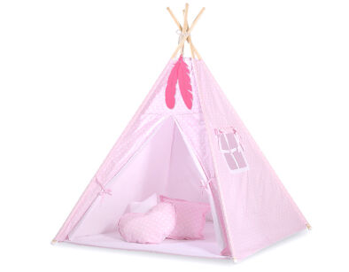 Teepee Kinderspiel-Zelt für Kinder + Spielmatte + Kissen + Schmuckfedern - Rosa-Punktmuster