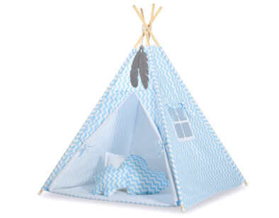 Teepee Kinderspiel-Zelt für Kinder + Spielmatte + Kissen + Schmuckfedern - Chevron blau