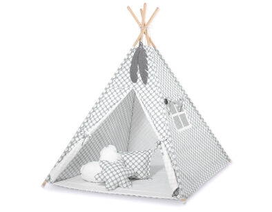 Teepee Kinderspiel-Zelt für Kinder + Spielmatte+ Schmuckfedern - grau Punkt-Muster