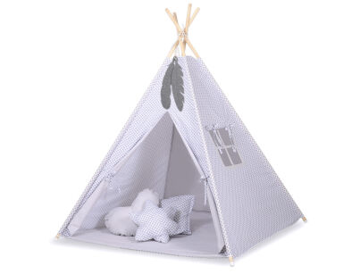 Teepee Kinderspiel-Zelt für Kinder + Schmuckfedern-  Rosette grau