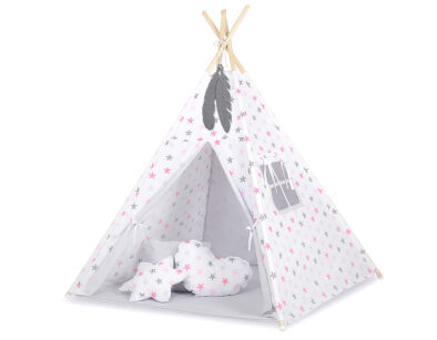 Teepee Kinderspiel-Zelt für Kinder + Spielmatte+ Schmuckfedern - Rosa-graue Sternen/grau