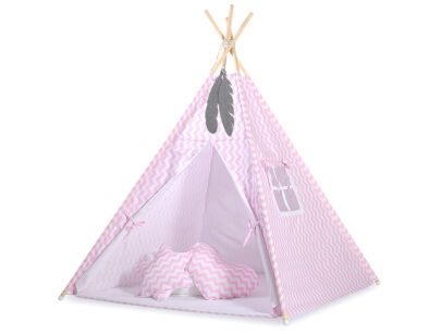 Teepee Kinderspiel-Zelt für Kinder + Spielmatte+ Schmuckfedern - Chevron rosa
