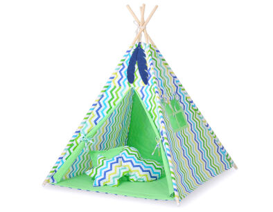 Teepee Kinderspiel-Zelt für Kinder + Schmuckfedern - Chevron grün-blau