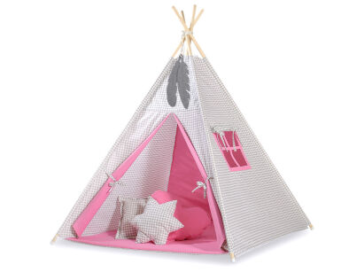 Teepee Kinderspiel-Zelt für Kinder + Spielmatte + Kissen + Schmuckfedern - Grau kariert-rosa
