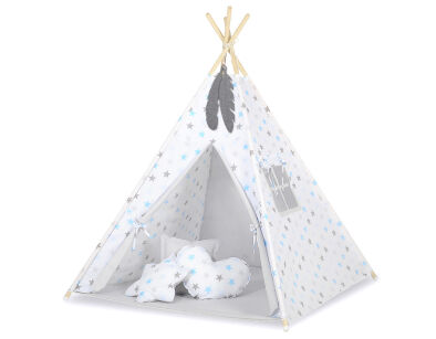 Teepee Kinderspiel-Zelt für Kinder + Spielmatte + Kissen + Schmuckfedern - Sternen blau-grau/grau