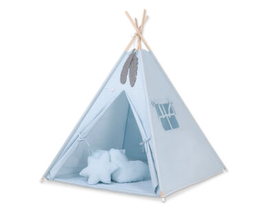 Teepee Kinderspiel-Zelt für Kinder + Spielmatte + Kissen + Schmuckfedern - blau