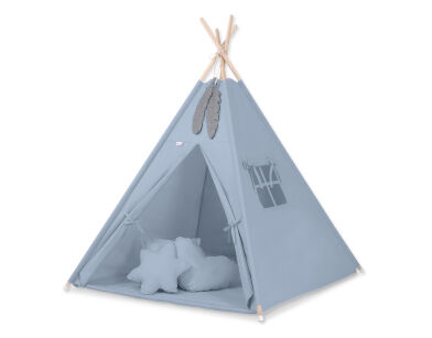 Teepee Kinderspiel-Zelt für Kinder + Spielmatte + Kissen + Schmuckfedern - Pastellblau