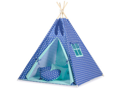 Teepee Kinderspiel-Zelt für Kinder + Schmuckfedern - Dunkelblaue Sternchen