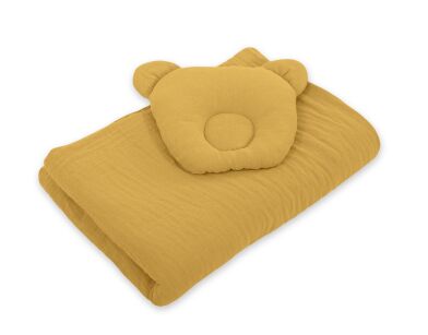 Decke mit Kissen Teddybär MUSSELIN- set 2tlg - honig gelb